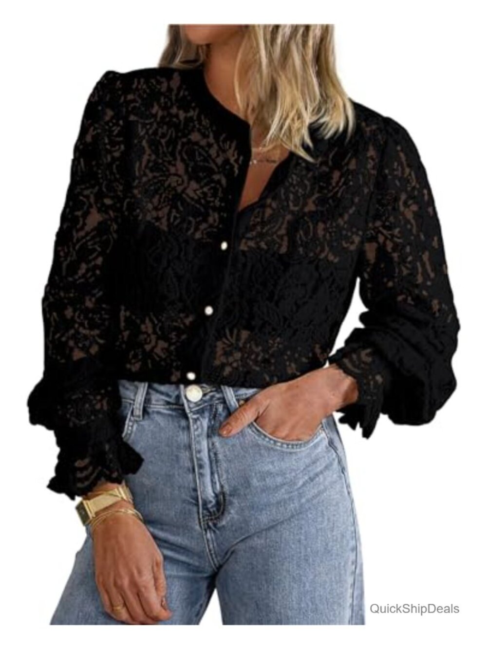 Long Sleeve Lace Blouse Women Button Up Sheer Crew Neck Tunic Top